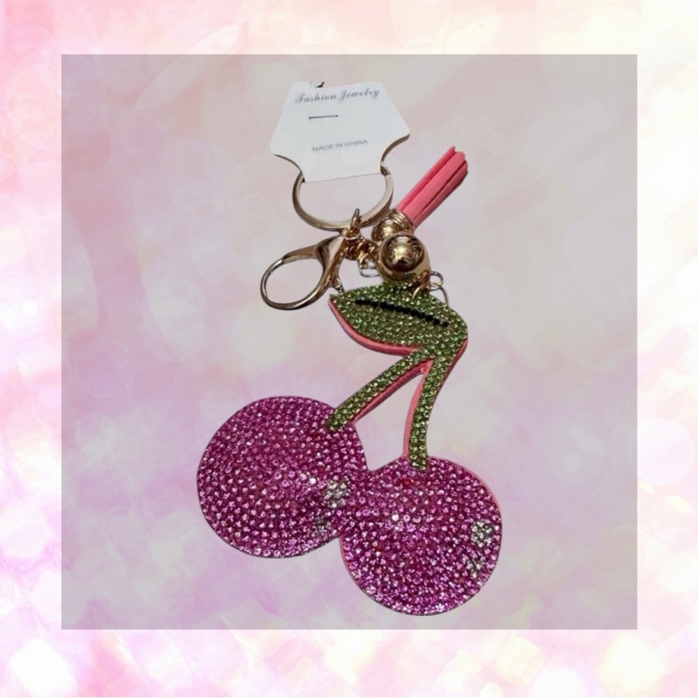 🦄 Pink Cherries Bling Rhinestone Puffy Bag Charm/Keychain!